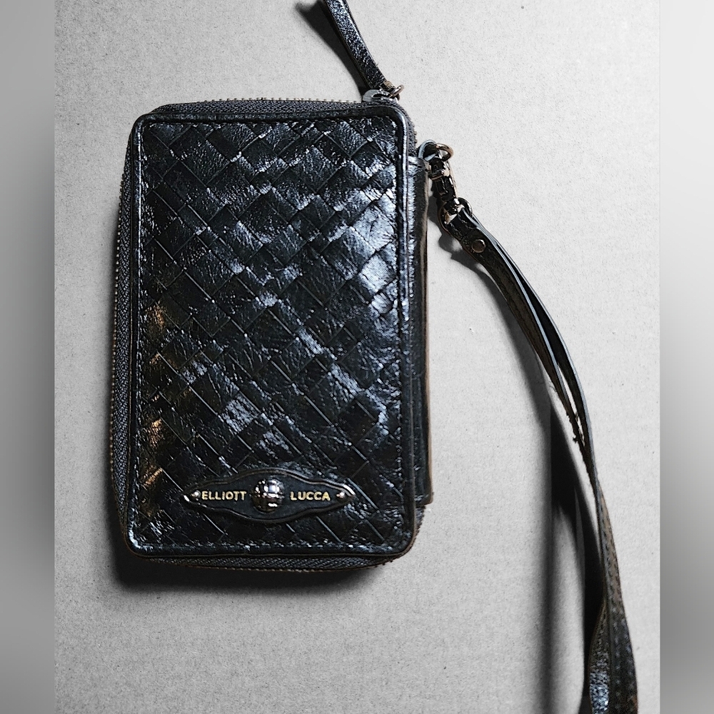 NWOT Elliot Lucca Black Woven Leather Organizer Id Slot Wristlet Wallet